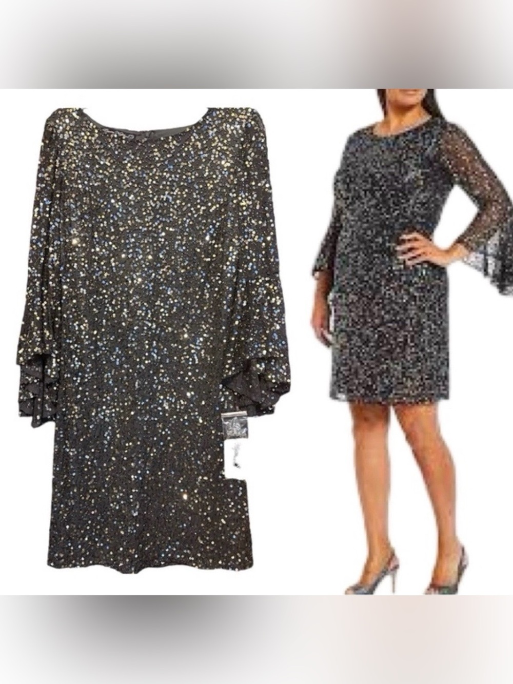 Pisarro Nights Black Sequin Bell-Sleeve Sheath Cocktail Dress - Picture 7 of 9